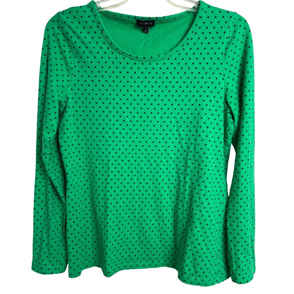 Talbots Polka Dot Top Women Size M Green Long Sleeve Crew Neck Cotton Blend D03